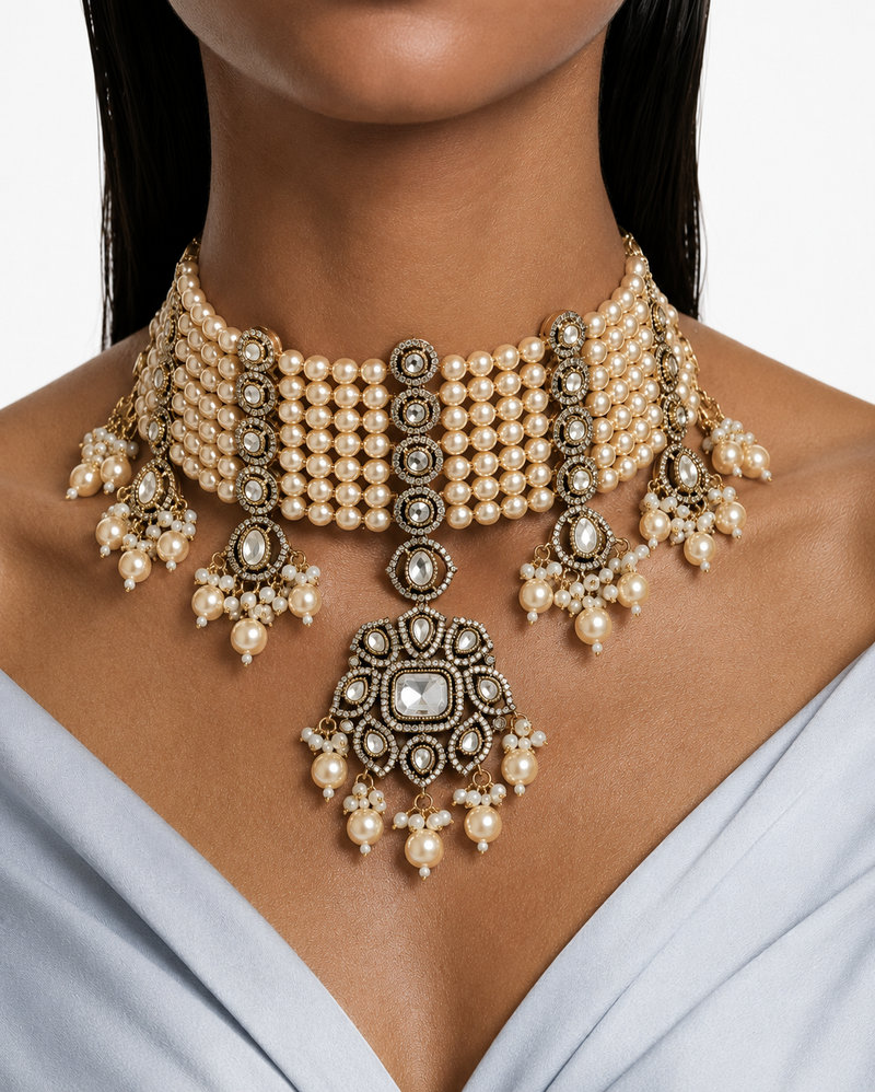 Maharani Nuriya & Afsheen Pearl Polki Kundan with Zircon Diamond Set – Long Haar, Necklace & Earrings