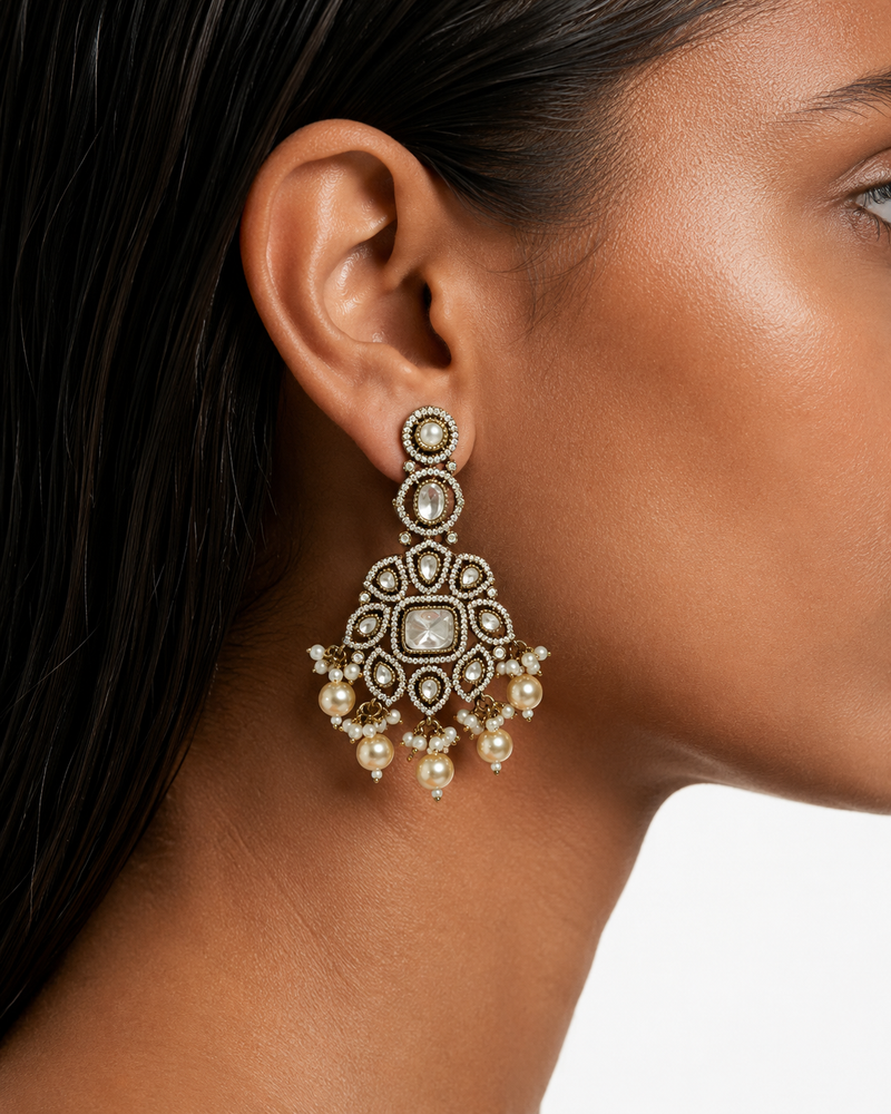 Maharani Nuriya & Afsheen Pearl Polki Kundan with Zircon Diamond Set – Long Haar, Necklace & Earrings