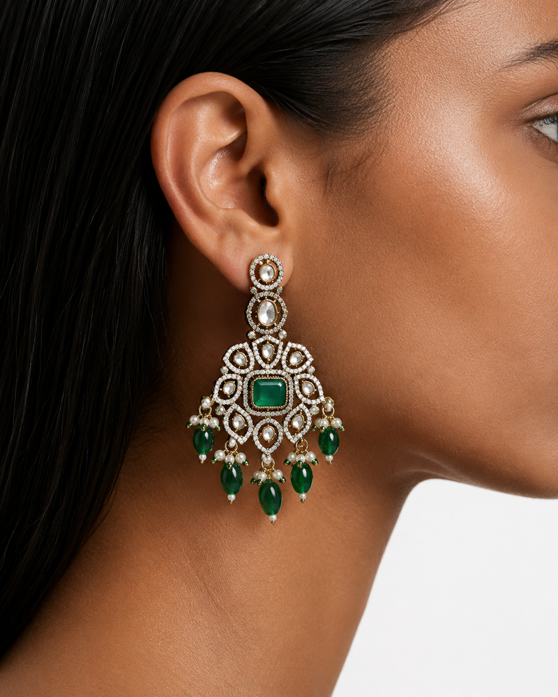 Maharani Veda & Afsheen Emerald Pearl Polki Kundan with Zircon Diamond Detailing Necklace Set – 2 Necklaces & Earrings
