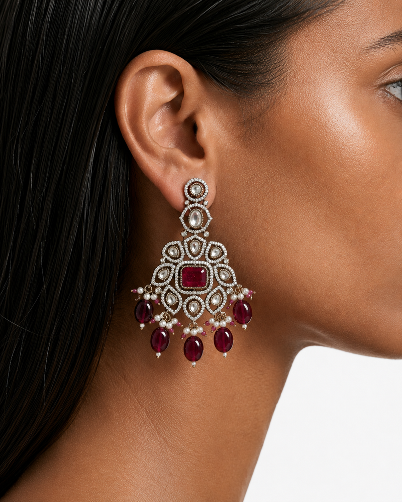 Afsheen Ruby Pearl Polki Kundan with Zircon Diamond Necklace Set – Necklace & Earrings