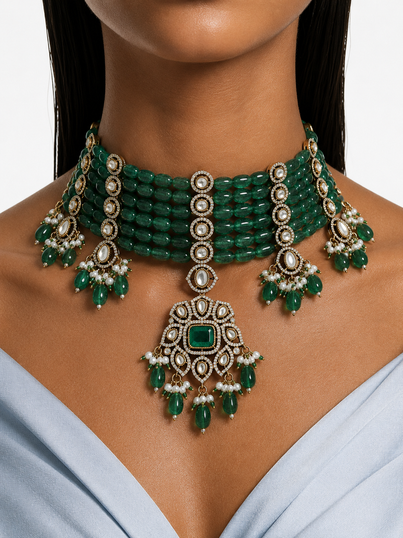 Afsheen Emerald Pearl Polki Kundan with Zircon Diamond Necklace Set – Necklace & Earrings
