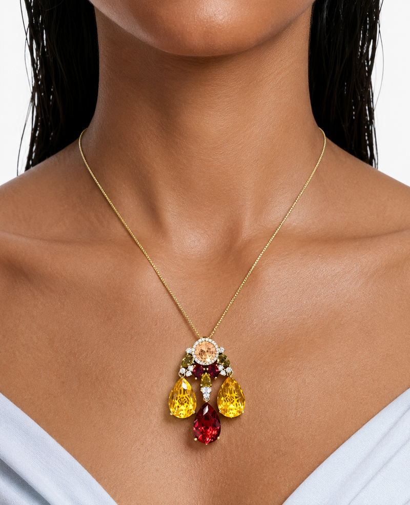 Maelle Ruby & Citrine Diamond-Like Zircon Statement Pendant Necklace Set – Pendant Necklace & Earrings