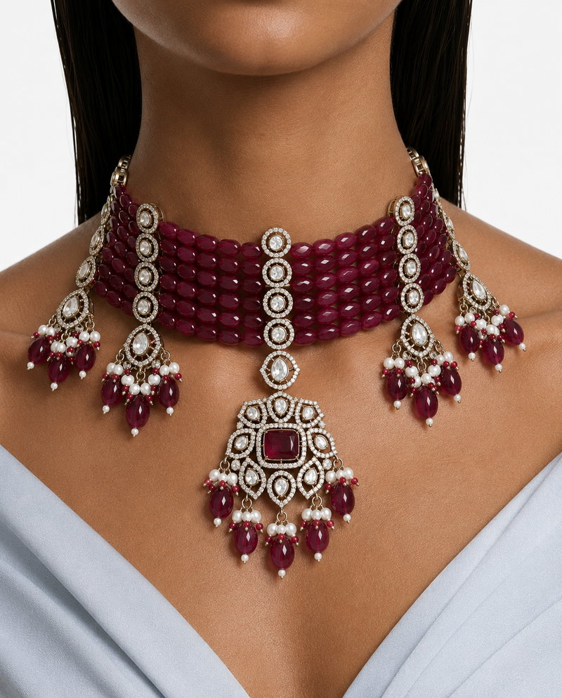 Afsheen Ruby Pearl Polki Kundan with Zircon Diamond Necklace Set – Necklace & Earrings