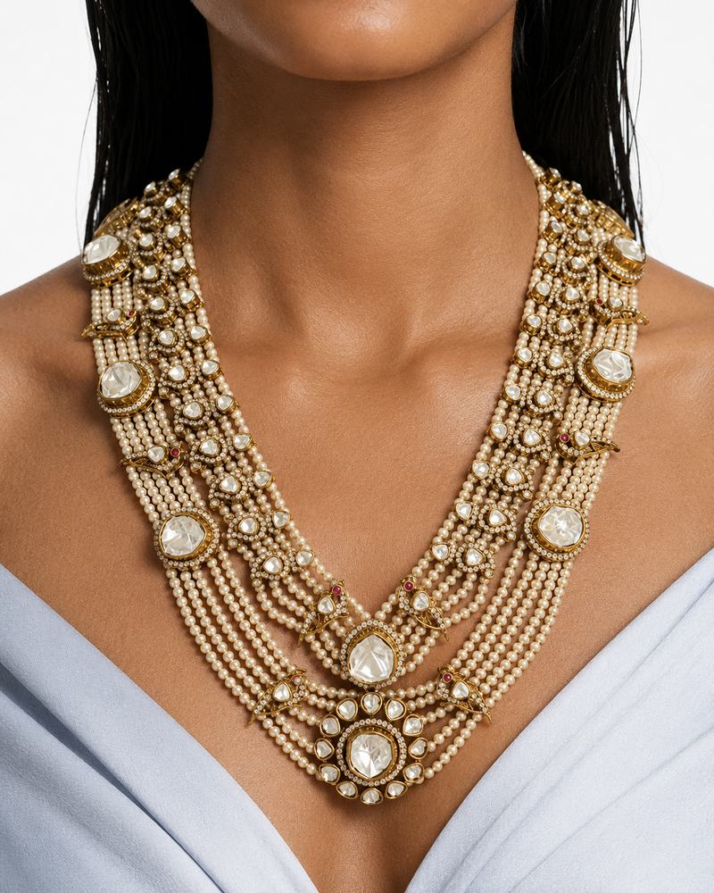 Maharani Nuriya & Afsheen Pearl Polki Kundan with Zircon Diamond Set – Long Haar, Necklace & Earrings