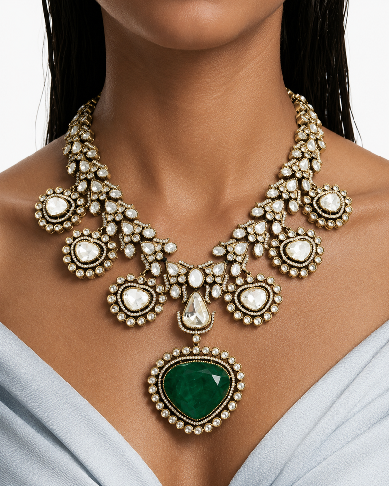 Zayelle Emerald Heart Diamond-Like Zircon Bridal Necklace Set – Necklace, Earrings & Maang Tikka