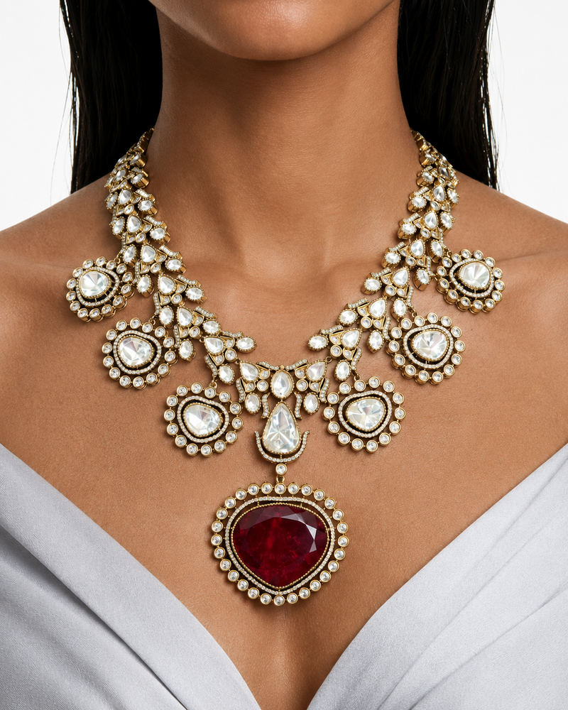 Zayelle Ruby Heart Diamond-Like Zircon Bridal Necklace Set – Necklace, Earrings & Maang Tikka
