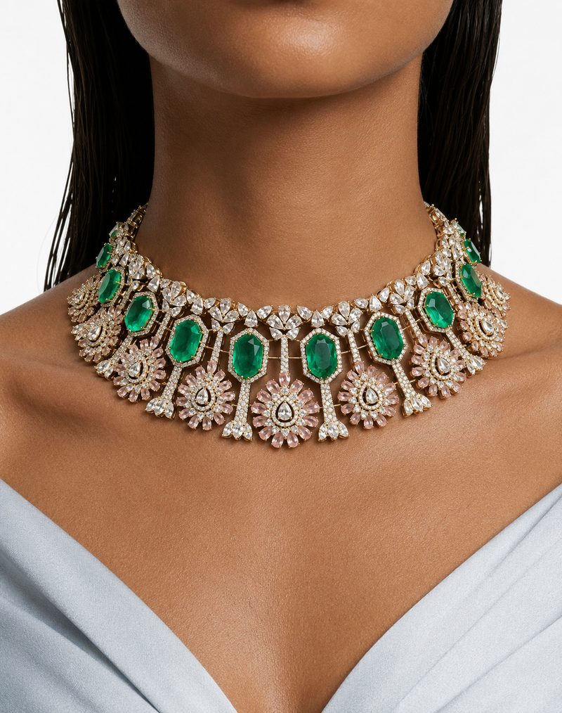 Lara Mint Diamond-Like Zircon Bridal Necklace Set – (Necklace & Earrings)
