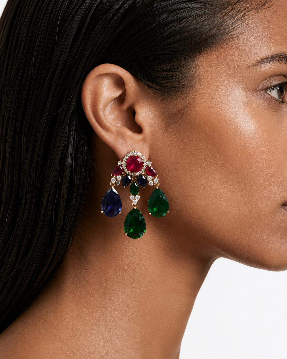 Maelle Ruby, Emerald & Midnight Blue Diamond-Like Zircon Statement Pendant Necklace Set – Pendant Necklace & Earrings