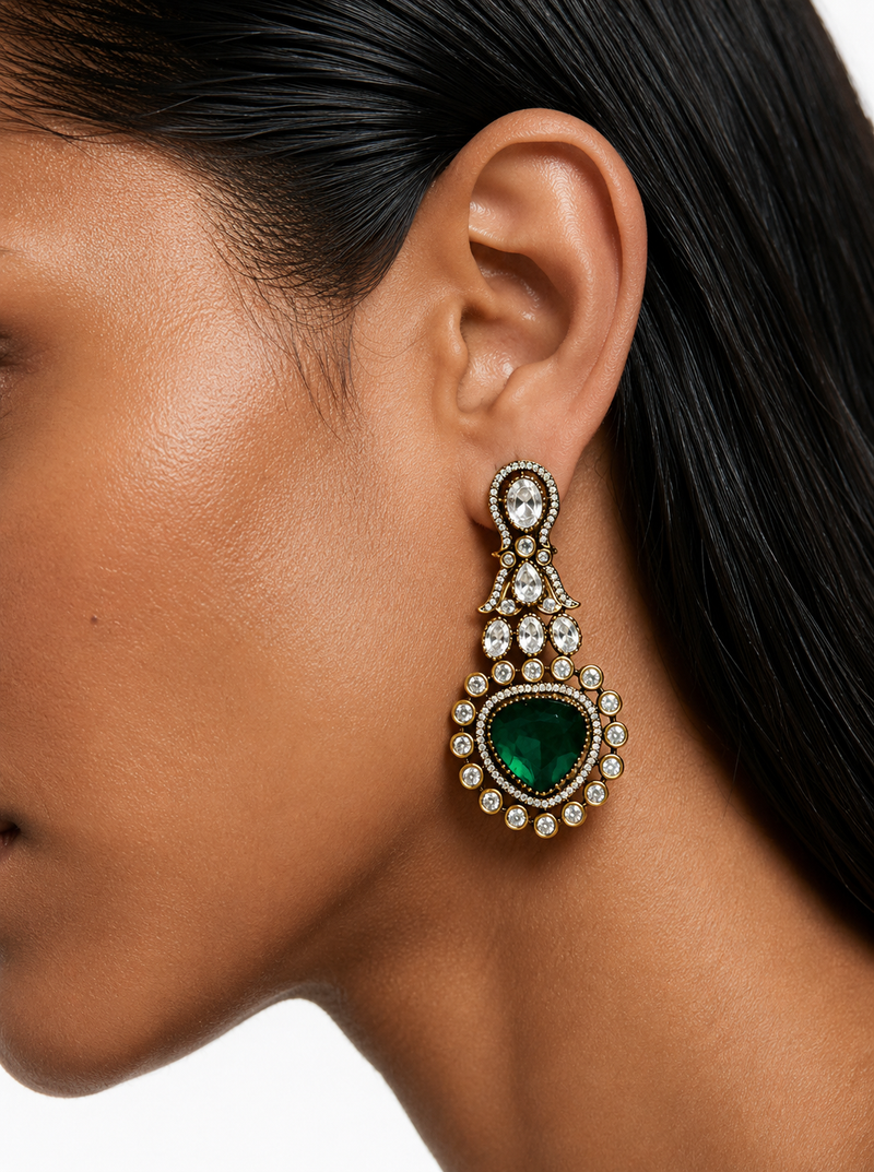 Zayelle Emerald Heart Diamond-Like Zircon Bridal Necklace Set – Necklace, Earrings & Maang Tikka