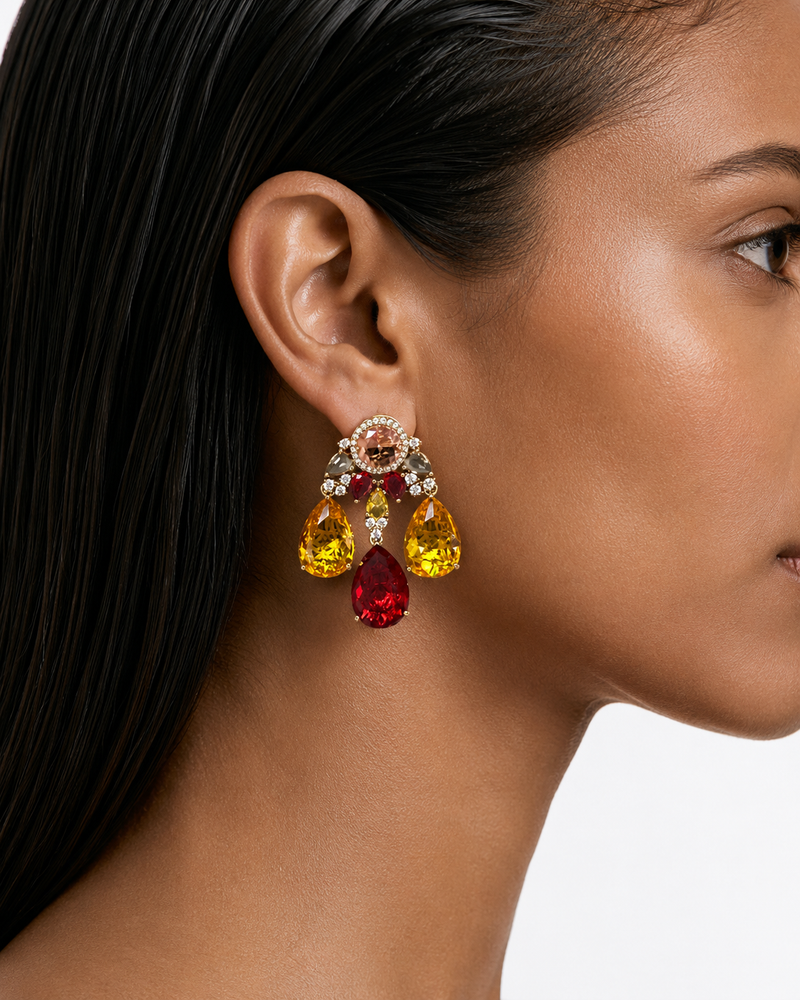 Maelle Ruby & Citrine Diamond-Like Zircon Statement Pendant Necklace Set – Pendant Necklace & Earrings