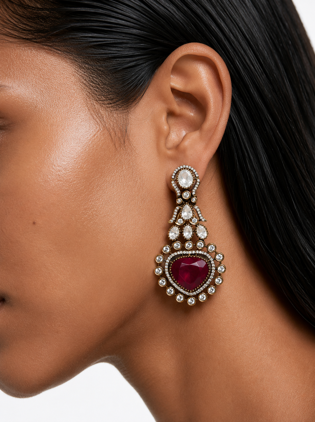Zayelle Ruby Heart Diamond-Like Zircon Bridal Necklace Set – Necklace, Earrings & Maang Tikka