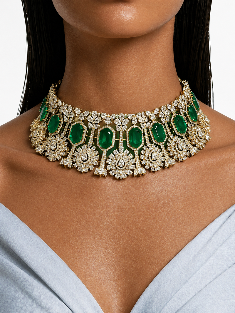 Maharani Veda & Azmira Emerald Diamond-Like Zircon Bridal Necklace Set – 2 Necklaces, Earrings & Maang Tikka