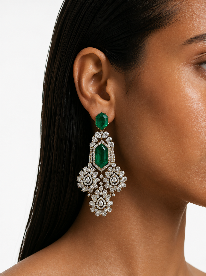Maharani Veda & Azmira Emerald Diamond-Like Zircon Bridal Necklace Set – 2 Necklaces, Earrings & Maang Tikka