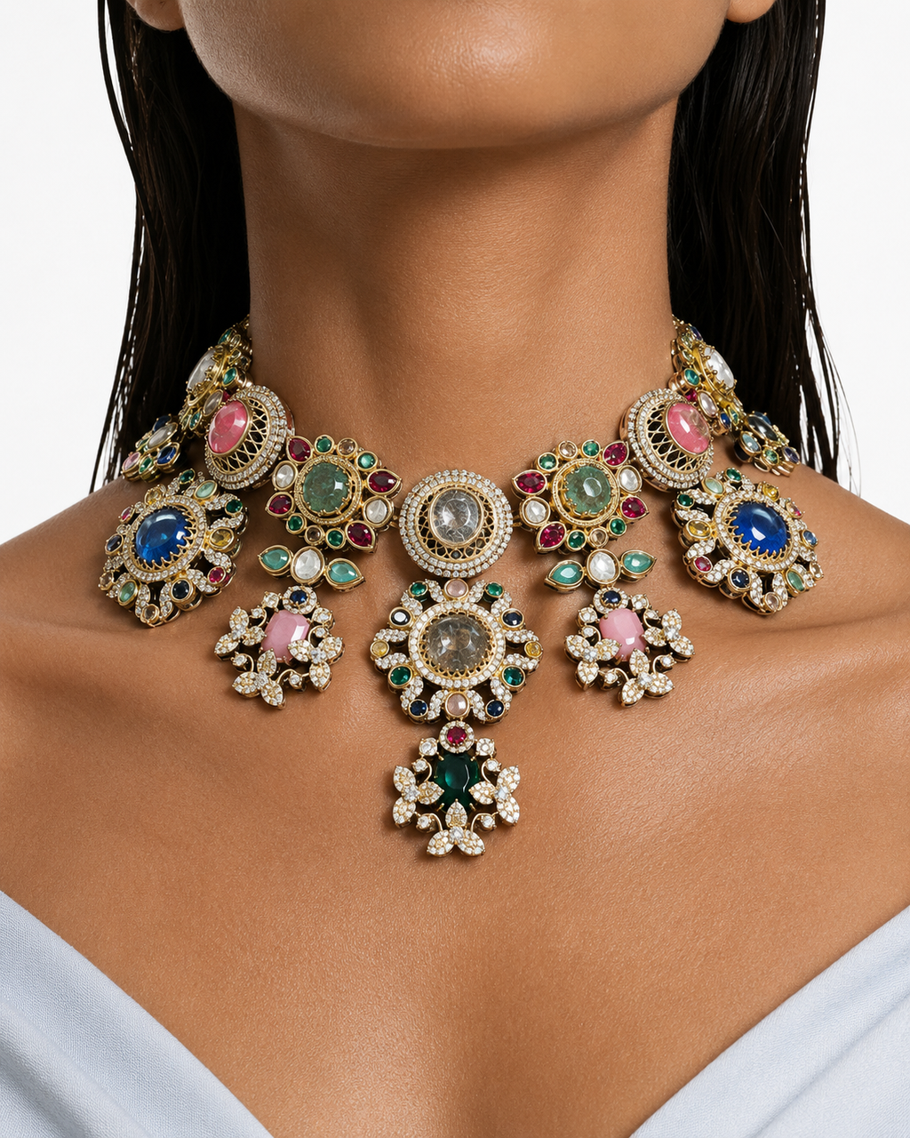 Safira Multicolor Polki Kundan with Zircon Diamond Necklace Set – Necklace & Earrings