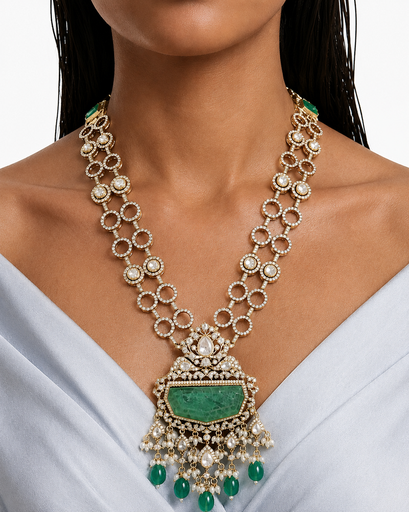 Veda Mint Polki Diamond Statement Necklace Set – Necklace & Earrings