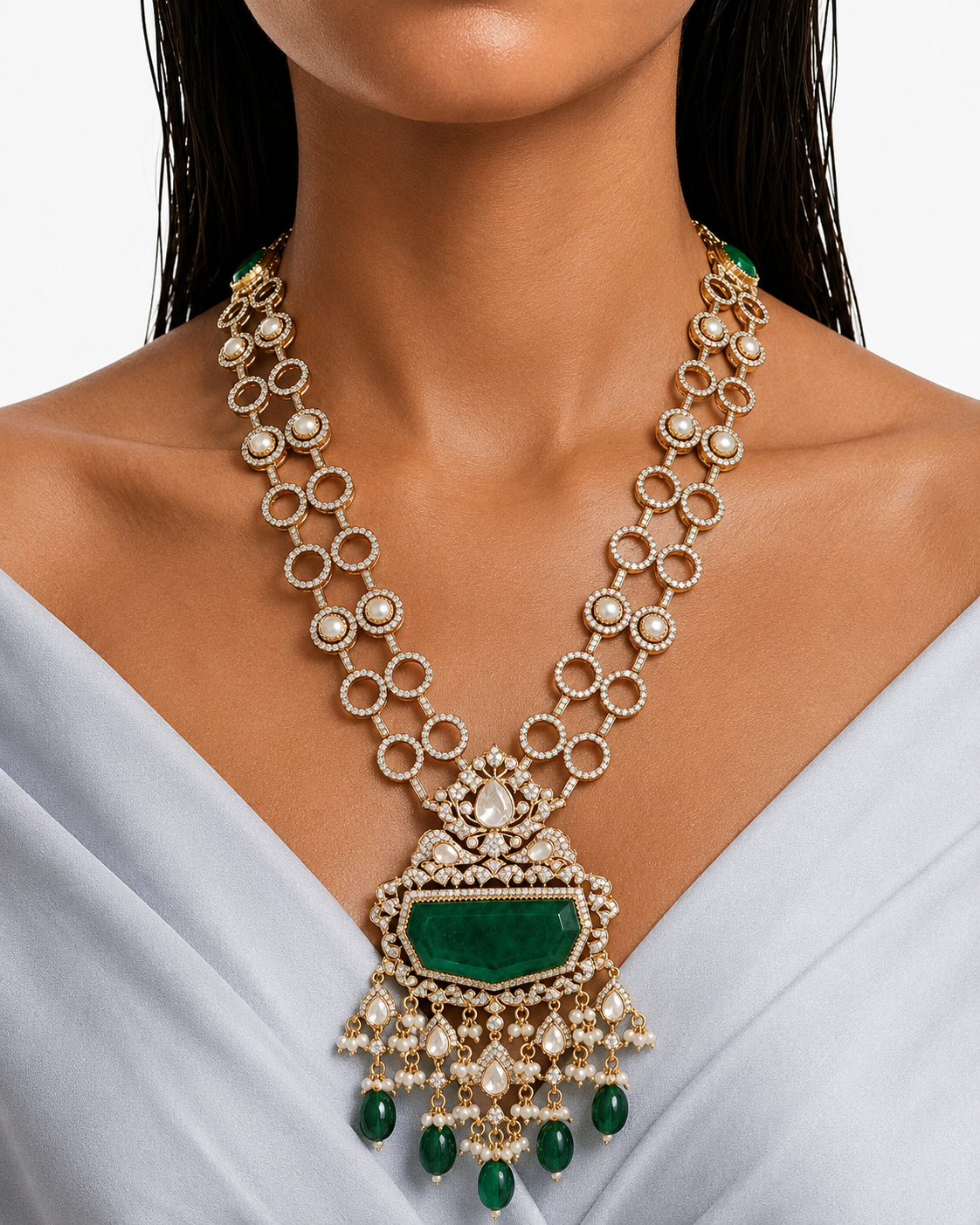 Maharani Veda & Afsheen Emerald Pearl Polki Kundan with Zircon Diamond Detailing Necklace Set – 2 Necklaces & Earrings