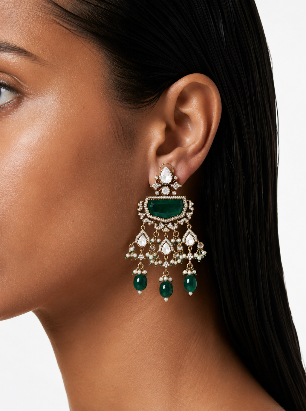 Veda Emerald Polki Diamond Statement Necklace Set – Necklace & Earrings