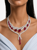 Maharani Azure Ruby Droplets Diamond-Like Zircon Statement Pendant Necklace Set & Solara Ruby Diamond-Like Zircon Necklace Set (2 Necklace & 2 Earrings)