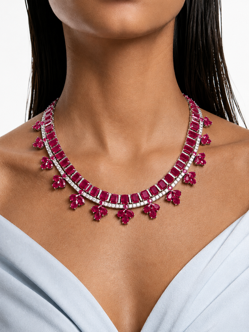 Maharani Fiorella Ruby Diamond-Like Zircon Statement Pendant Necklace Set & Riviera Ruby & Zircon Diamond Single Line Tennis Necklace Set (2 Necklace & 2 Earrings)