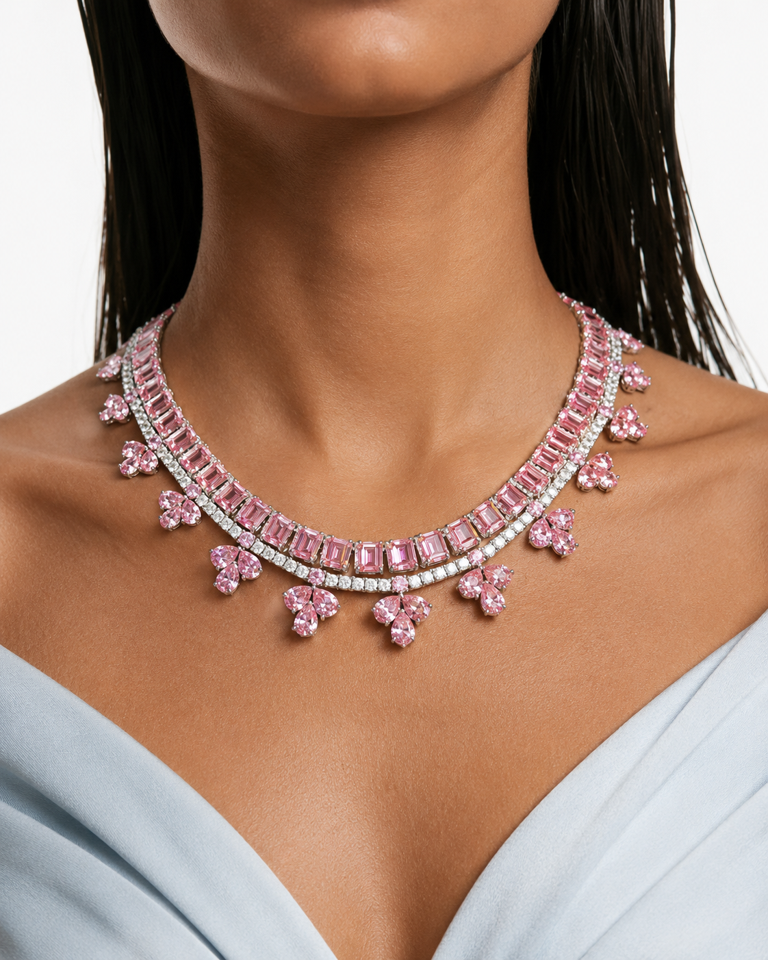 Maharani Fiorella Pink Diamond-Like Zircon Statement Pendant Necklace Set & Riviera Pink & Zircon Diamond Single Line Tennis Necklace Set (2 Necklace & 2 Earrings)