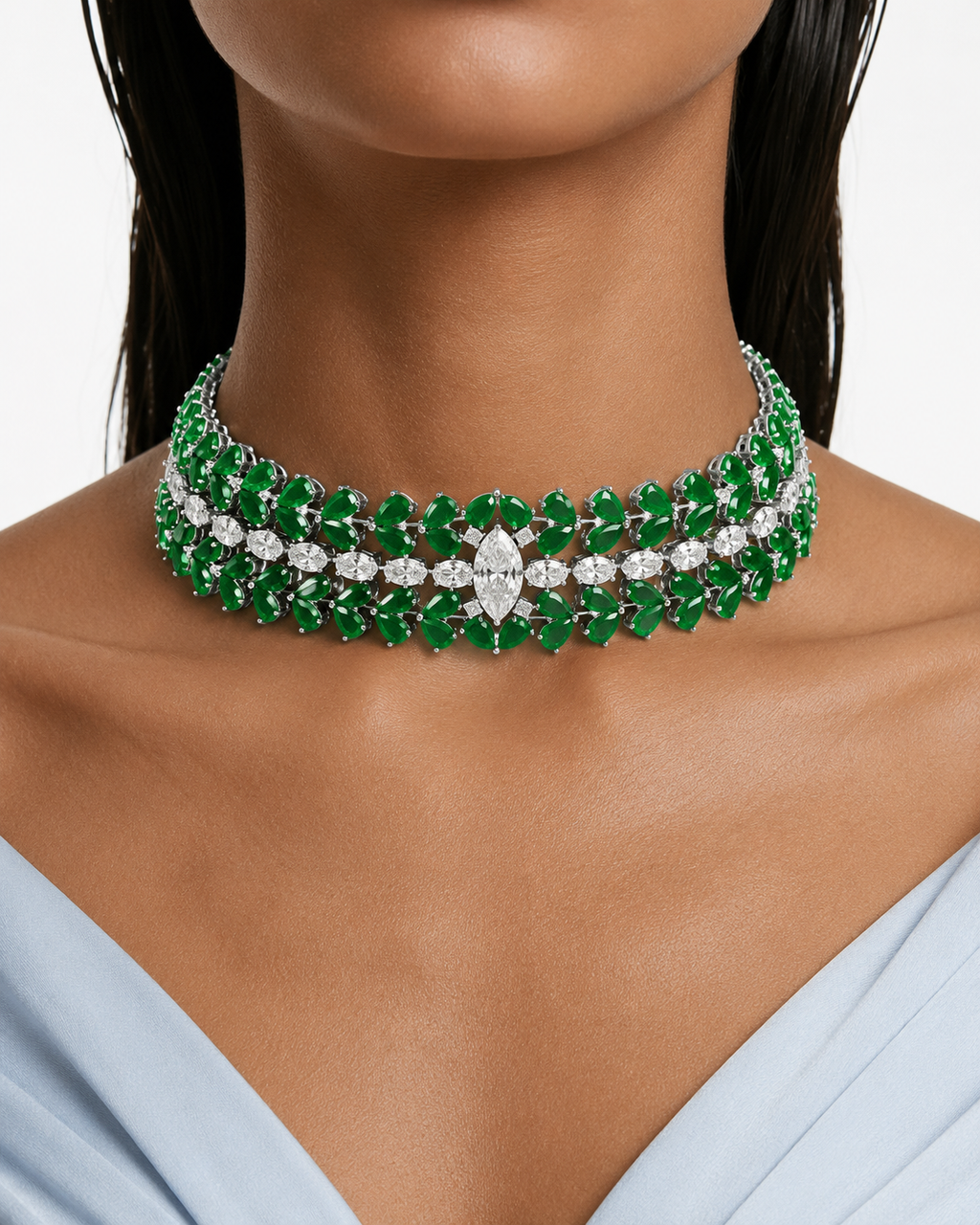 Maharani Noéline & Nayara Emerald Diamond-Like Zircon Statement Necklace Set – 2 Necklaces & Earrings