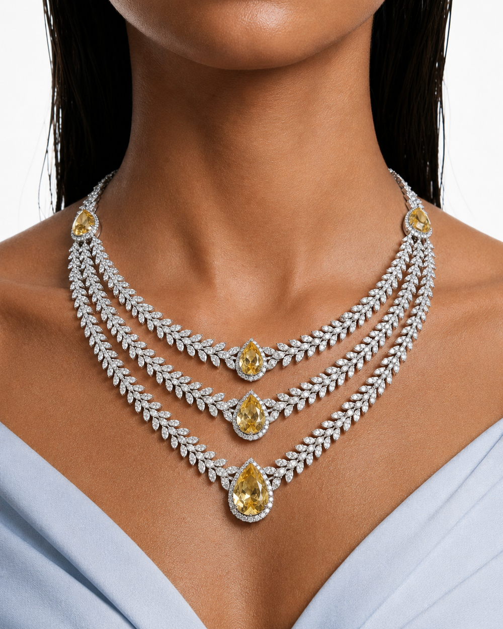 Noéline Citrine Diamond-Like Zircon Three Layer Statement Necklace Set – Necklace & Earrings