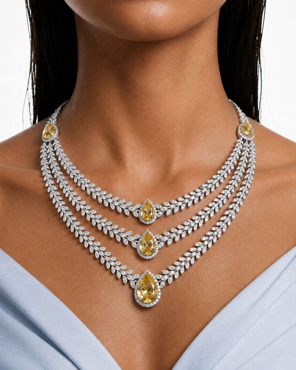 Noéline Citrine Diamond-Like Zircon Three Layer Statement Necklace Set – Necklace & Earrings