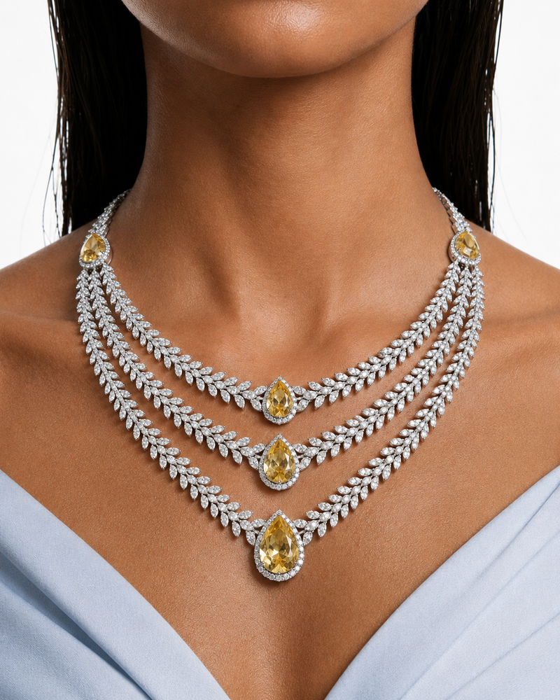 Noéline Citrine Diamond-Like Zircon Three Layer Statement Necklace Set – Necklace & Earrings