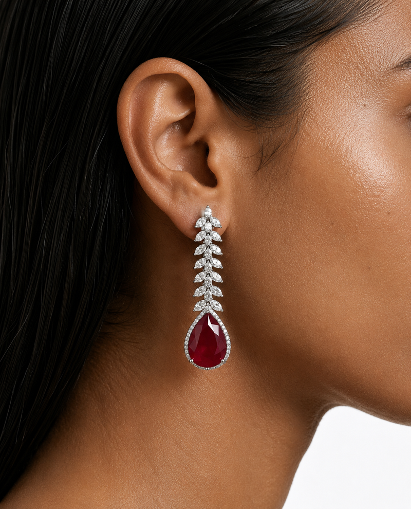 Maharani Noéline Ruby Diamond-Like Zircon & Niharika Diamond-Like Zircon Ovals with Ruby Square Statement Necklace Set – 2 Necklaces & Earrings