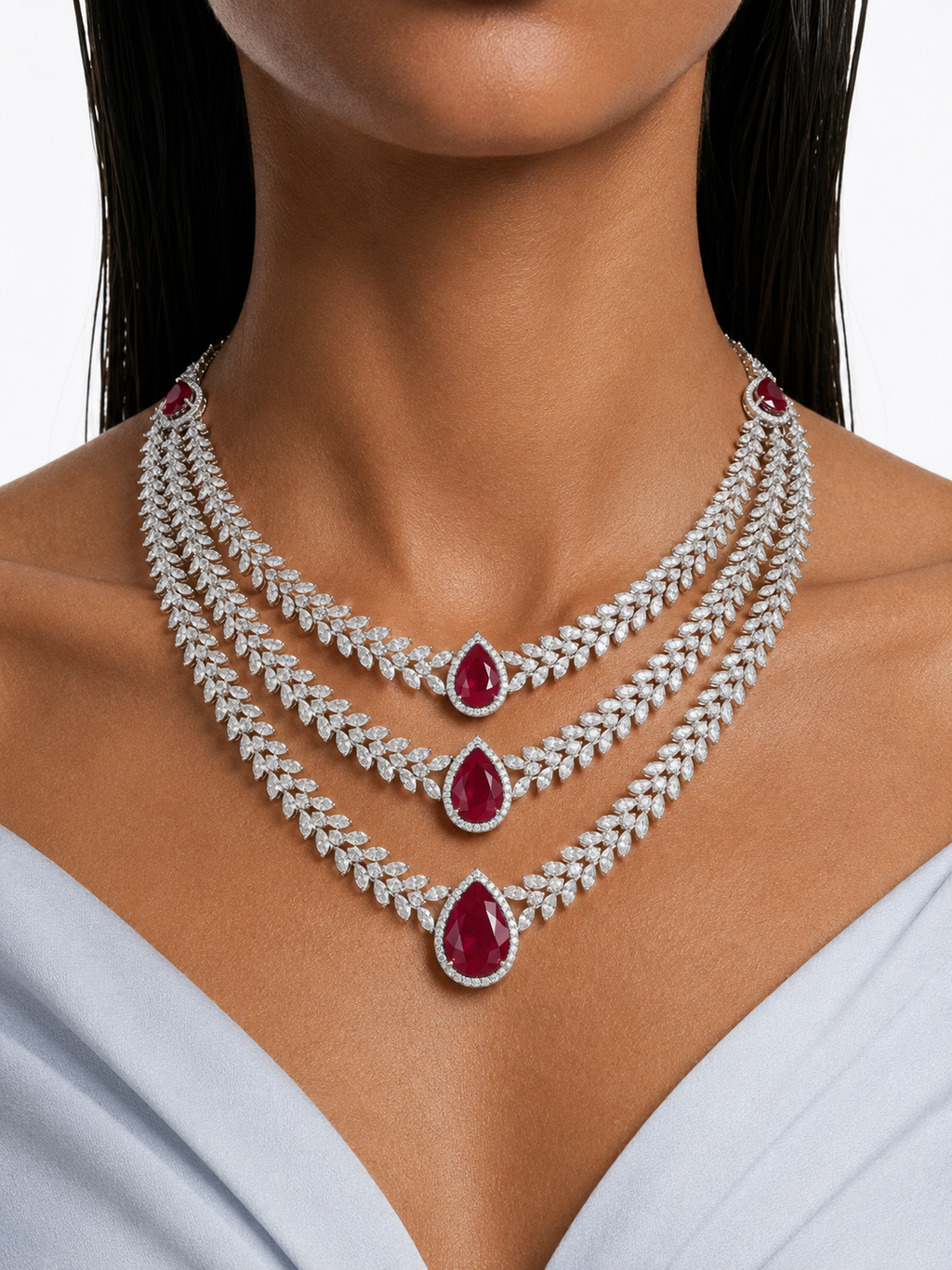 Noéline Ruby Diamond-Like Zircon Three Layer Statement Necklace Set – Necklace & Earrings