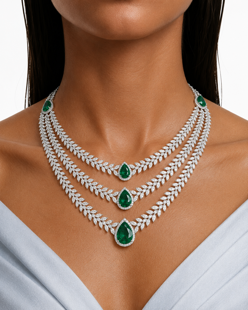 Noéline Emerald Diamond-Like Zircon Three Layer Statement Necklace Set – Necklace & Earrings