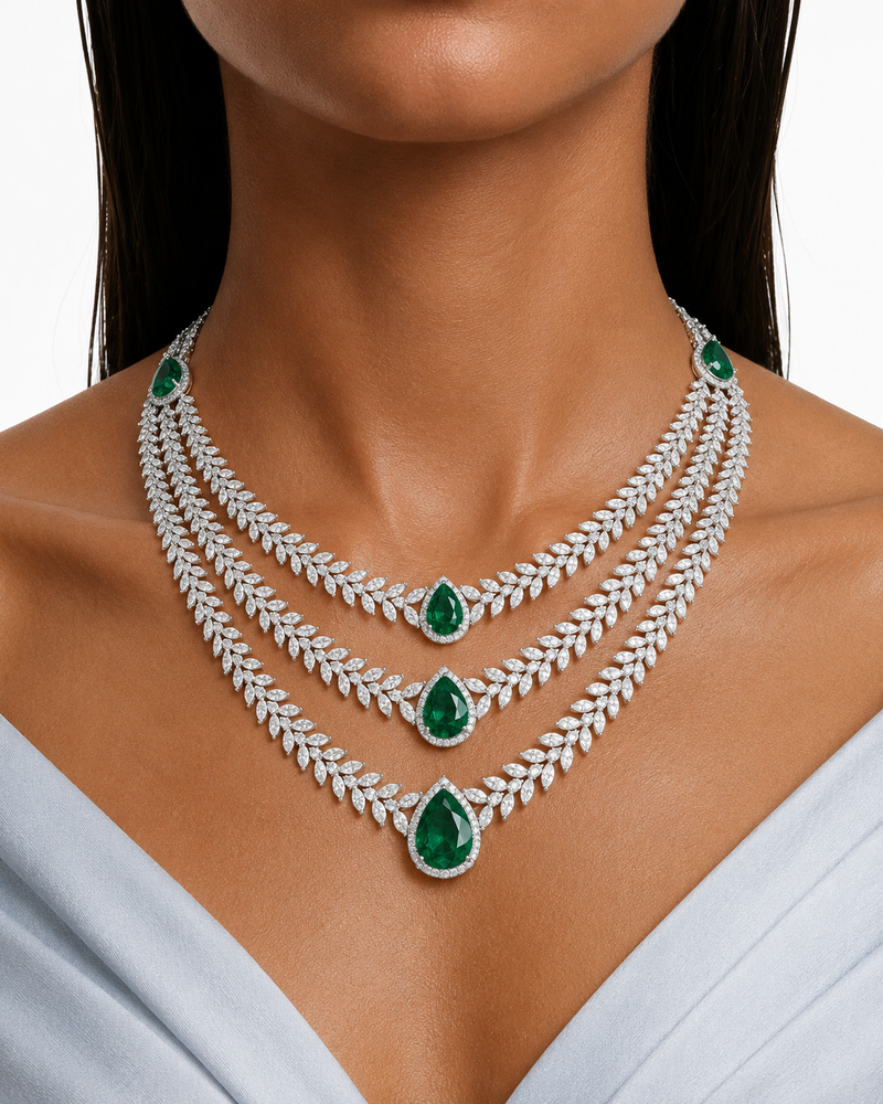 Noéline Emerald Diamond-Like Zircon Three Layer Statement Necklace Set – Necklace & Earrings