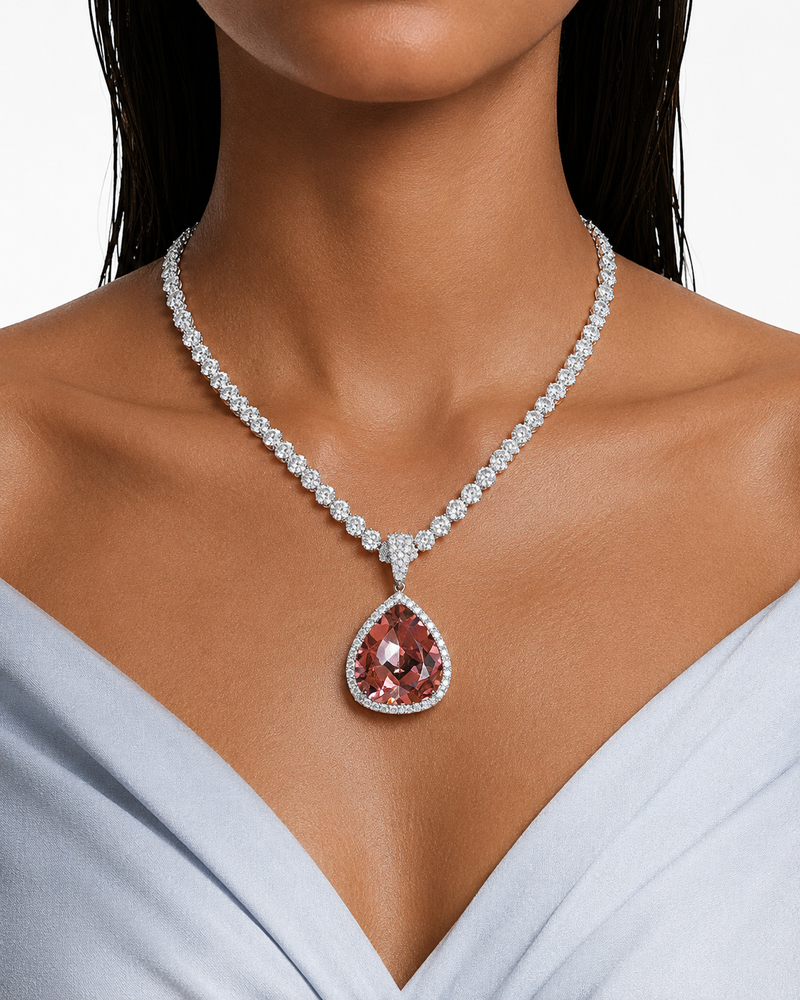 Élodie Peach Heart Pendant Diamond-Like Zircon Necklace Set – Necklace & Earrings