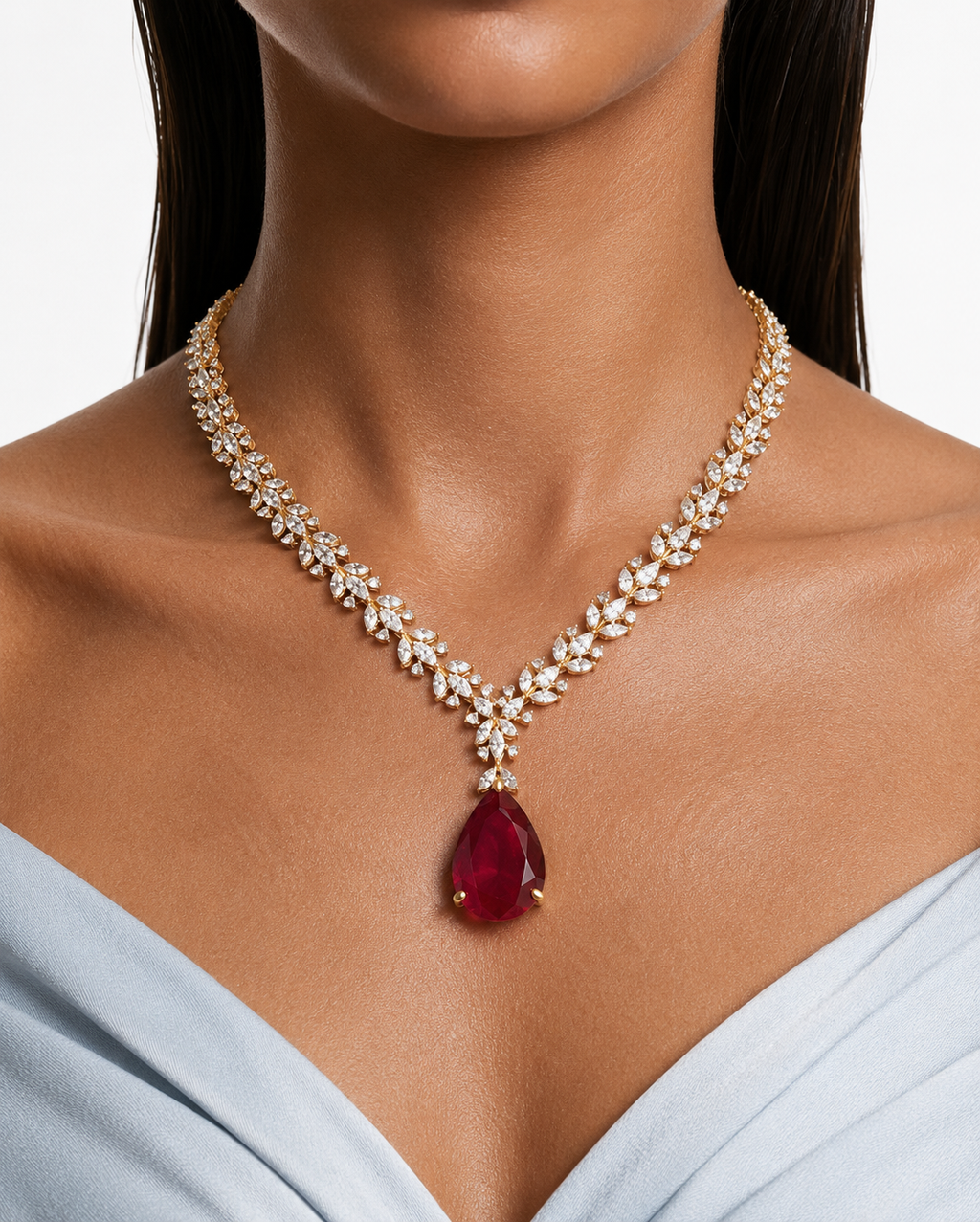 Eman Gold Plated Diamond-Like Zircon Ruby Drop Pendant Necklace Set – Necklace & Earrings