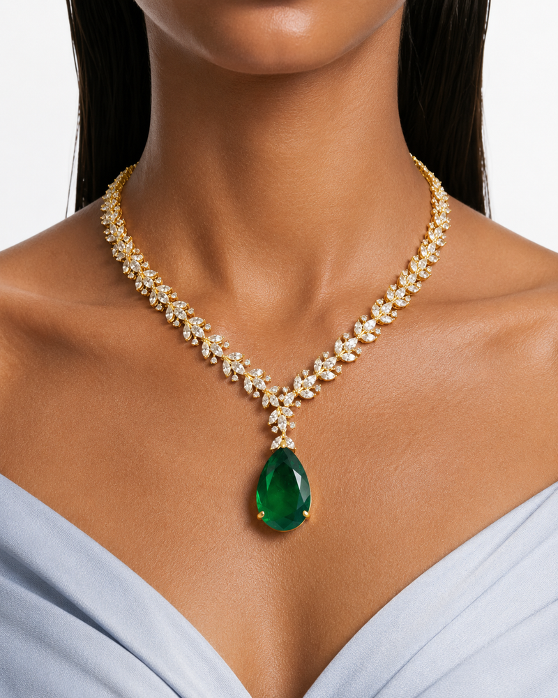 EmanGold Plated Diamond-Like Zircon Emerald Drop Pendant Necklace Set – Necklace & Earrings