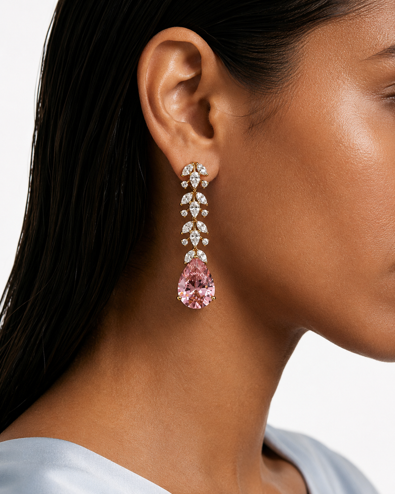 Eman Gold Plated Diamond-Like Zircon Pink Drop Pendant Necklace Set – Necklace & Earrings
