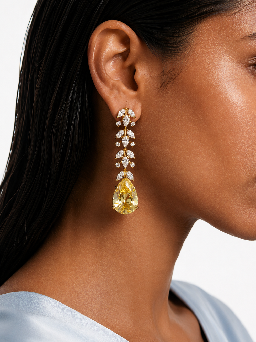 Eman Gold Plated Diamond-Like Zircon Citrine Drop Pendant Necklace Set – Necklace & Earrings