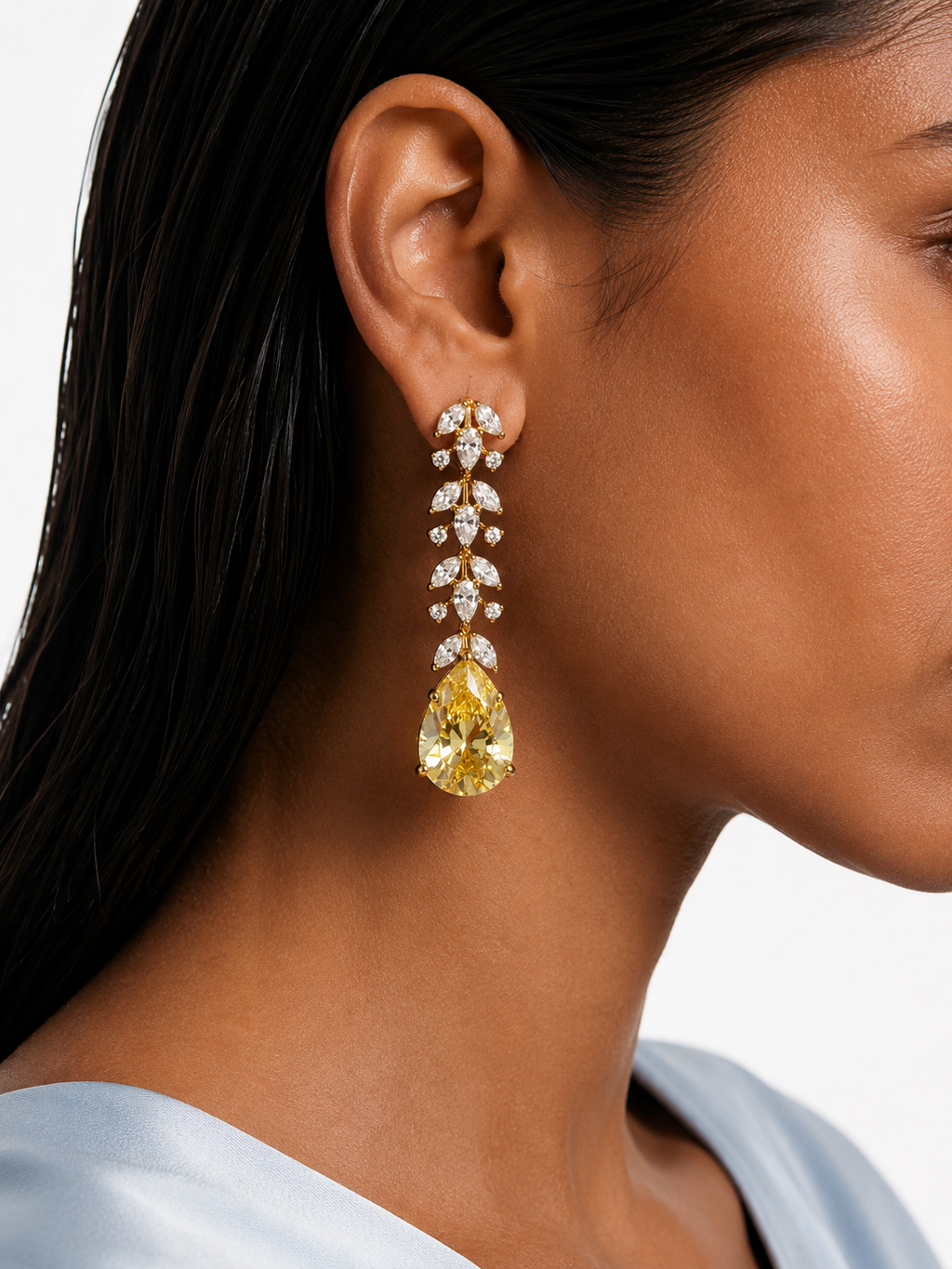 Eman Gold Plated Diamond-Like Zircon Citrine Drop Pendant Necklace Set – Necklace & Earrings