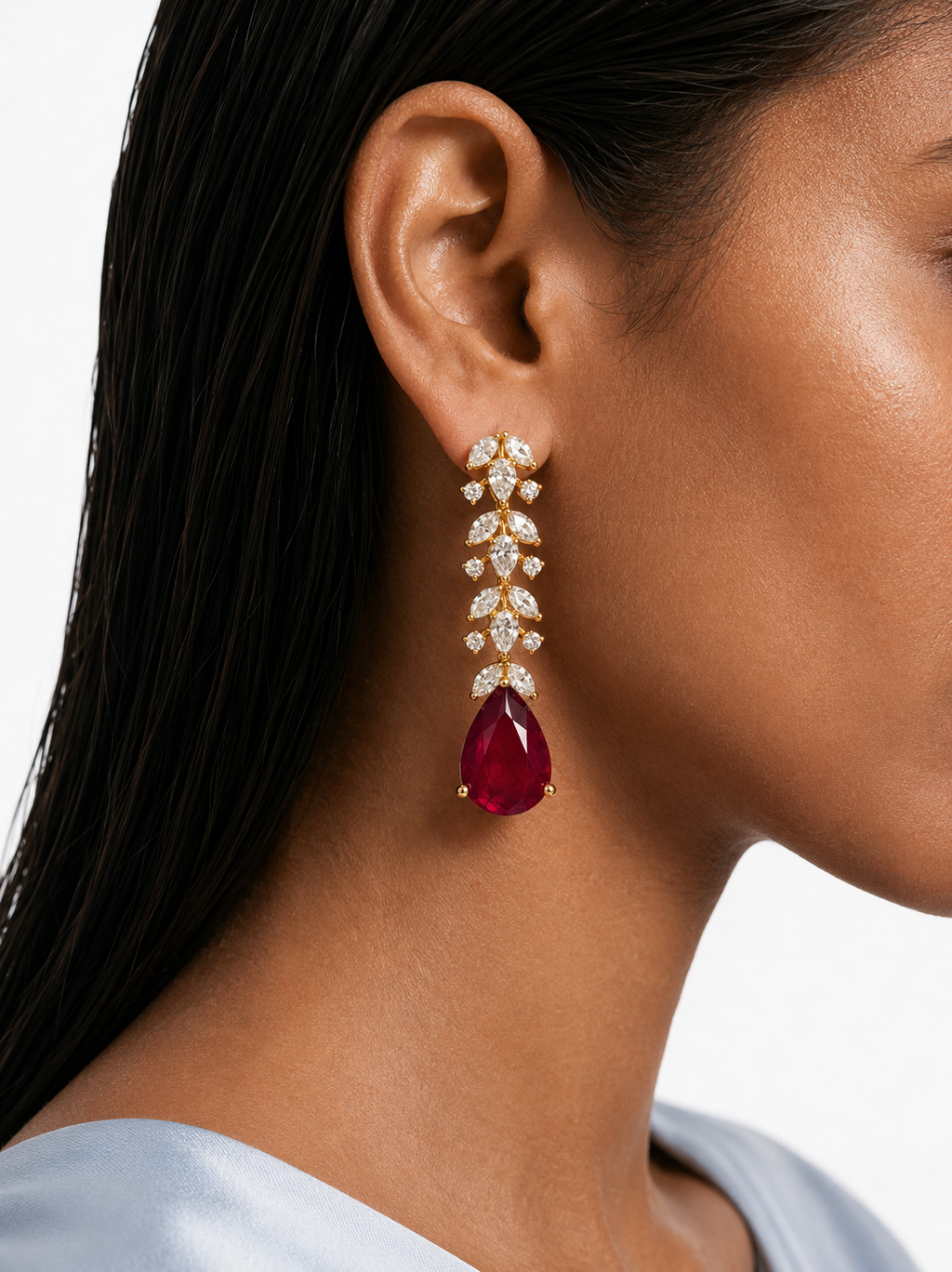 Eman Gold Plated Diamond-Like Zircon Ruby Drop Pendant Necklace Set – Necklace & Earrings
