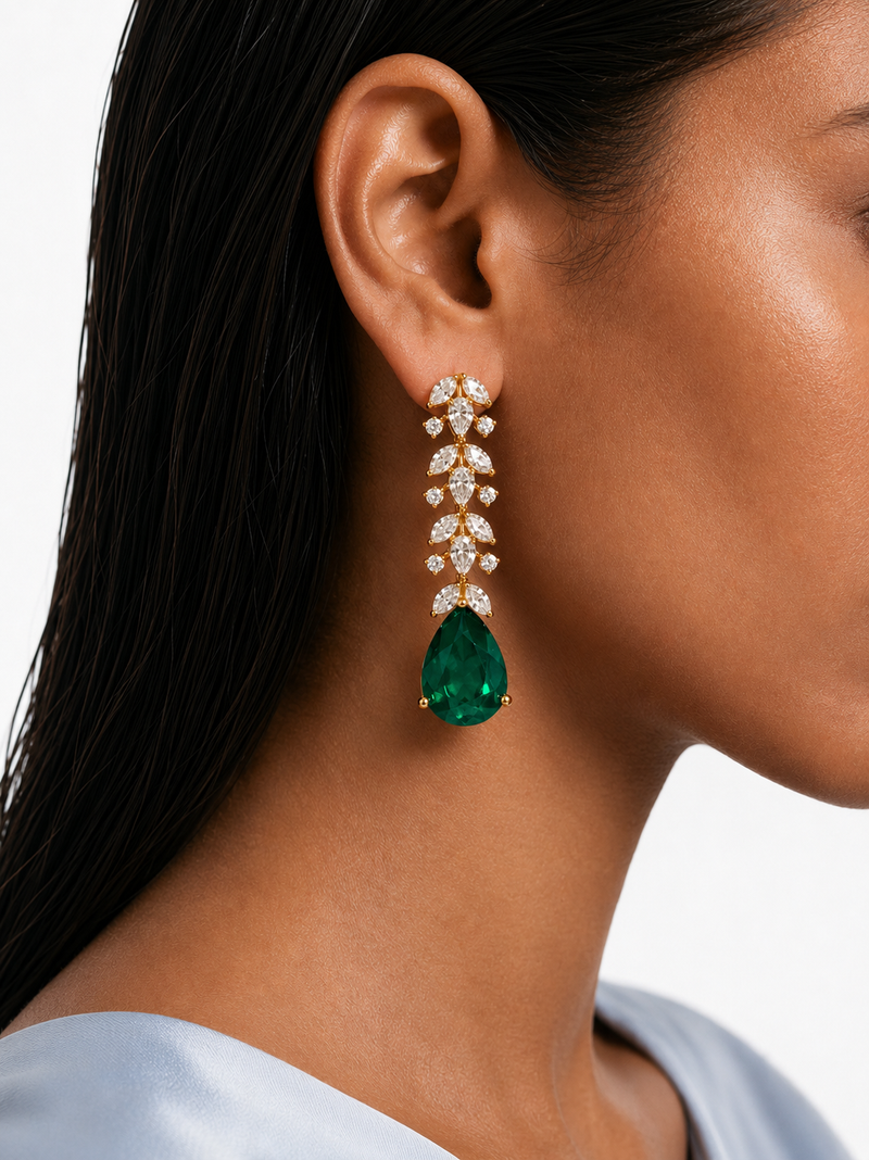 EmanGold Plated Diamond-Like Zircon Emerald Drop Pendant Necklace Set – Necklace & Earrings