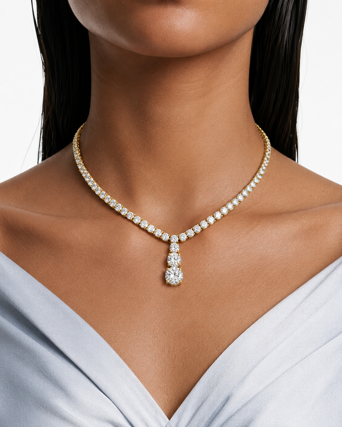 Lunara Gold Plated Diamond-Like Zircon Tennis Drop Necklace Set – Necklace & Earrings