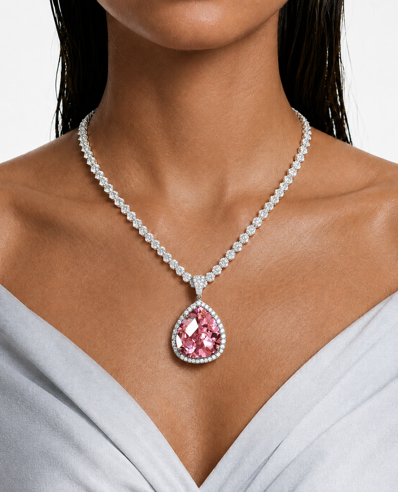 Élodie Pink Heart Pendant Diamond-Like Zircon Necklace Set – Necklace & Earrings