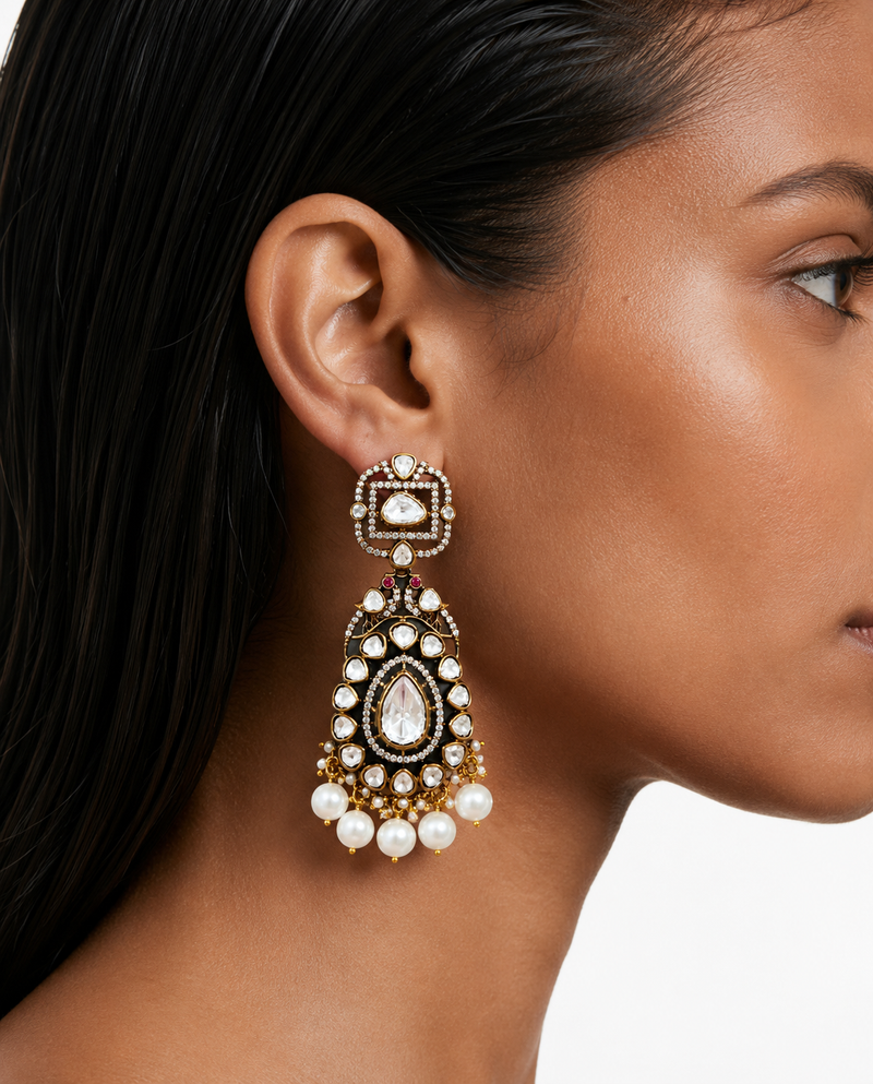 Nuriya Pearl Polki Kundan with Zircon Diamond Haar Set – Necklace & Earrings
