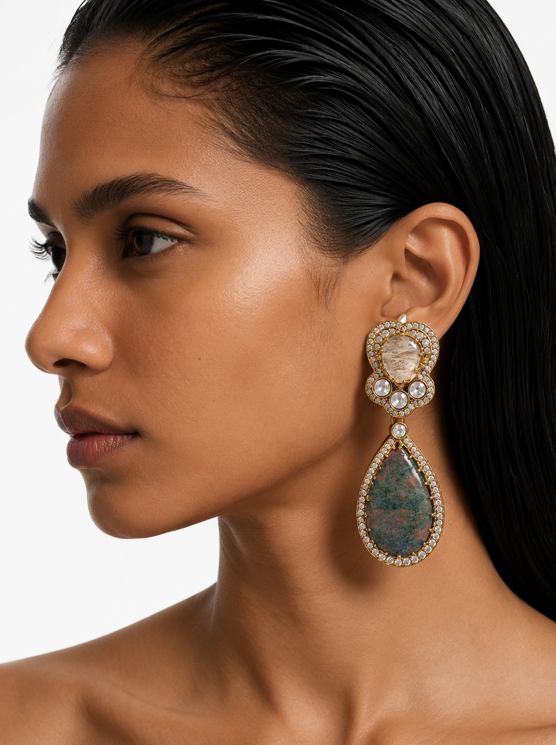 Linnea Moss Agate Zircon Statement Earrings