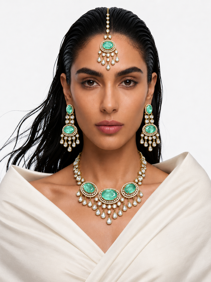 Eira Mint Moissanite Polki Kundan Necklace Set – Necklace, Earrings & Maang Tikka