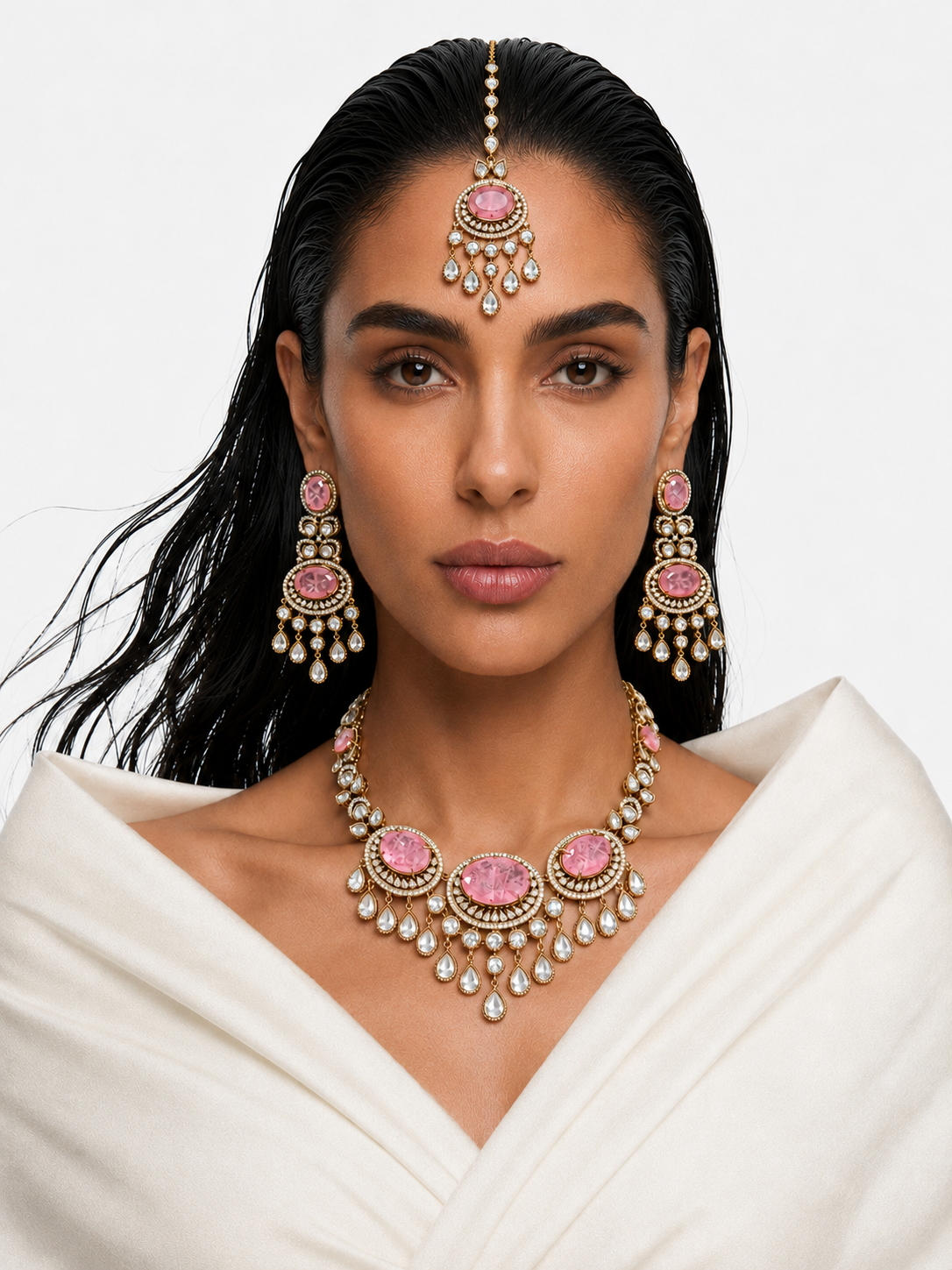 Eira Pink Moissanite Polki Kundan Necklace Set – Necklace, Earrings & Maang Tikka