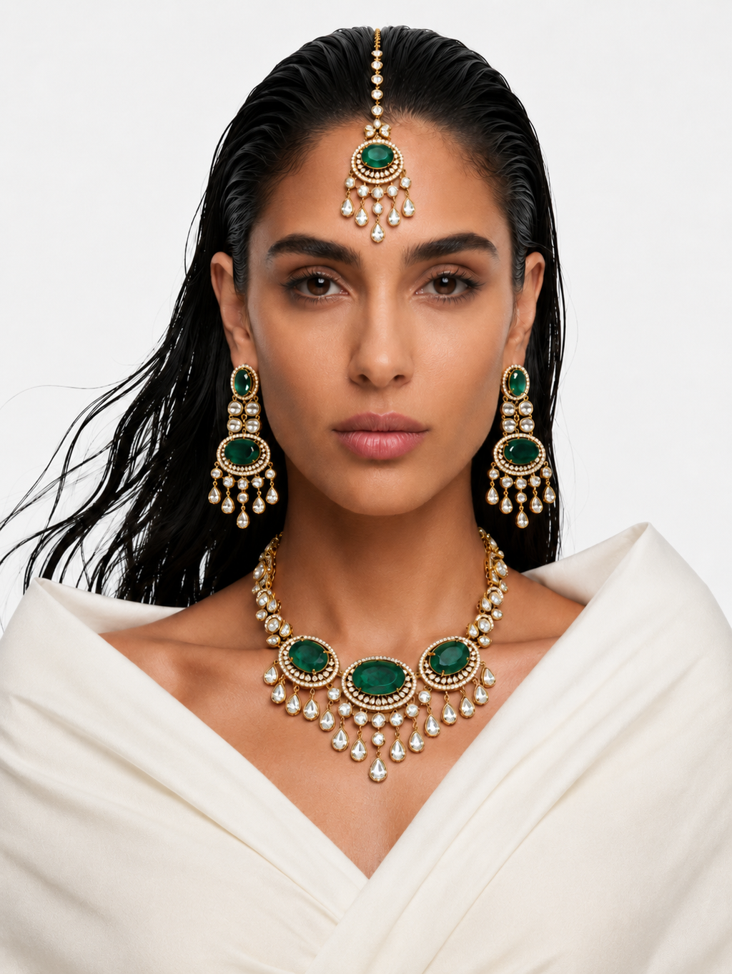 Eira Emerald Moissanite Polki Kundan Necklace Set – Necklace, Earrings & Maang Tikka