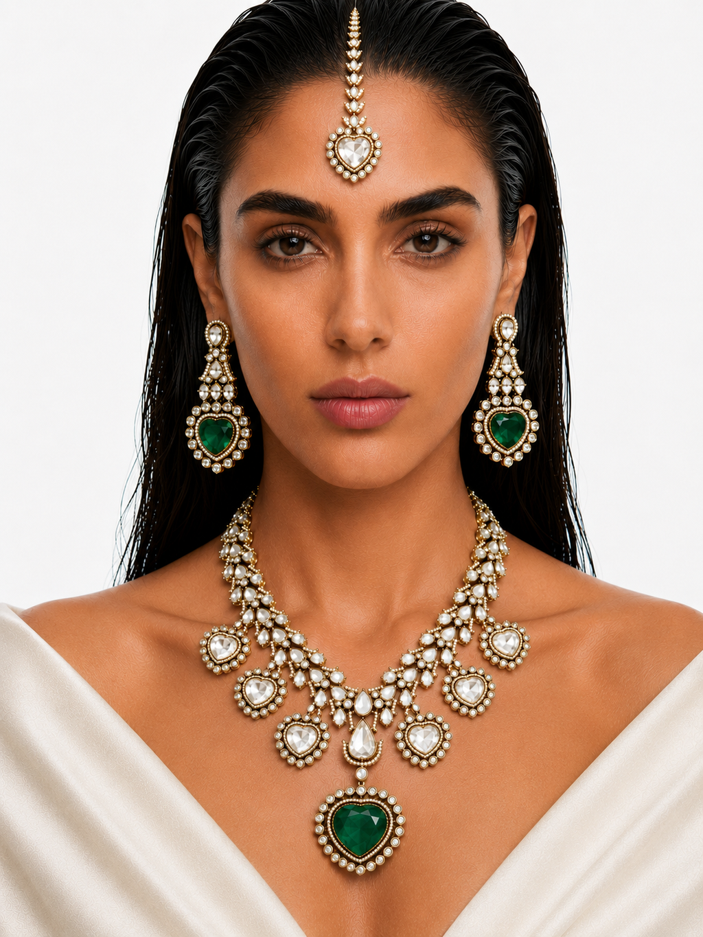 Zayelle Emerald Heart Diamond-Like Zircon Bridal Necklace Set – Necklace, Earrings & Maang Tikka