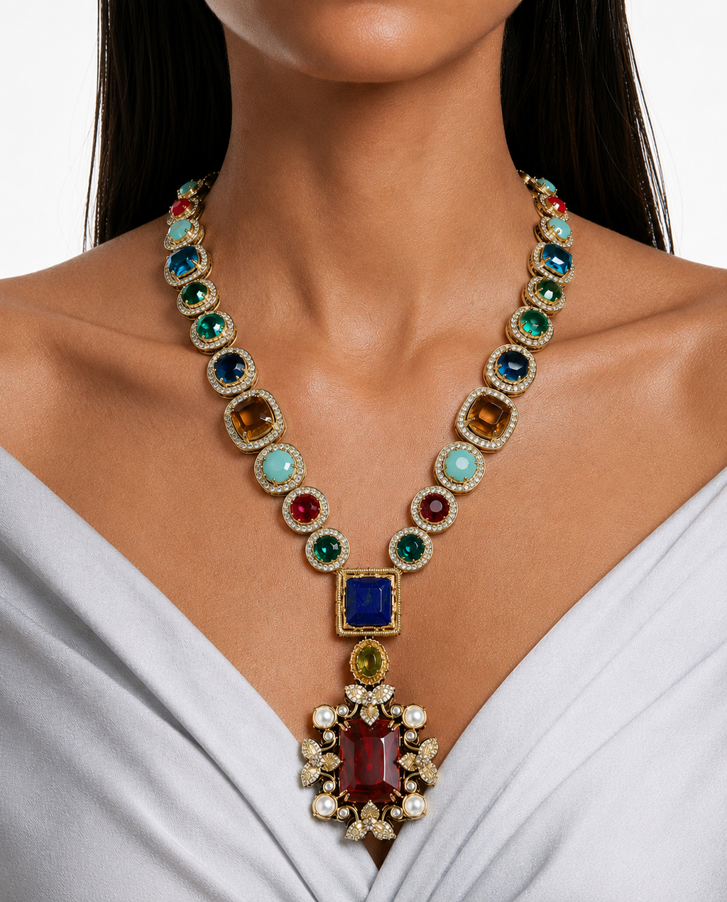 Yusra Multicolor Zircon & Ruby Pendant Necklace Set – Necklace & Earrings