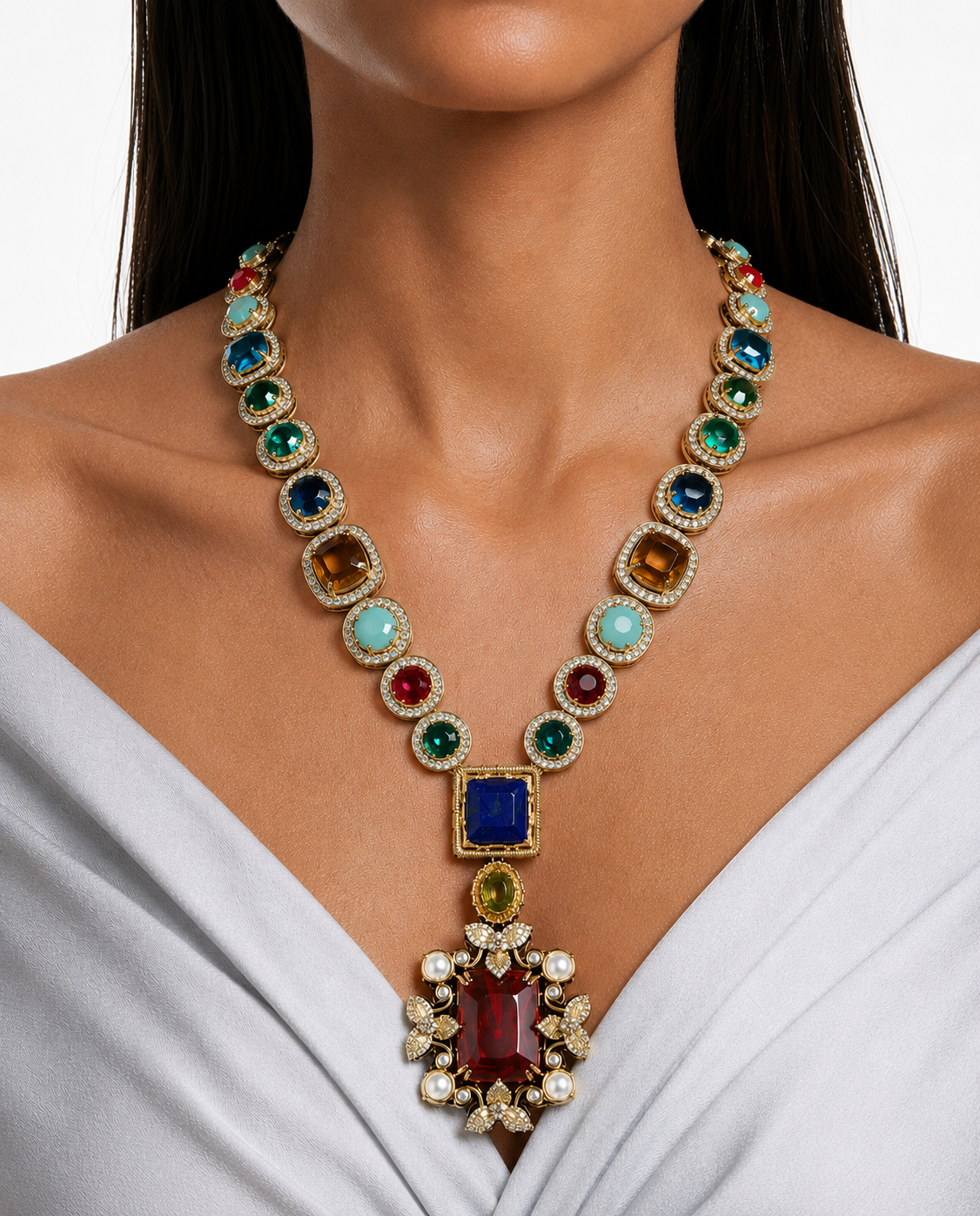 Yusra Multicolor Zircon & Ruby Pendant Necklace Set – Necklace & Earrings